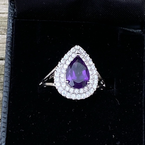 Amethyst teardrop halo ring platinum plated sz 7 brand new in box - Picture 13 of 16